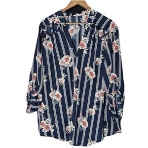 Liberty Love Top 2X V Neck Roll Tab‎ Sleeves Floral Print Relaxed Tunic Cottage